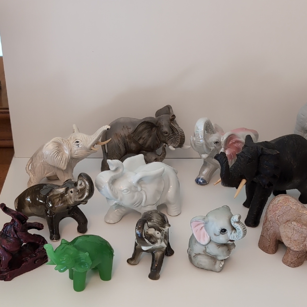 Collection Of 14 Vintage Lucky Elephant Figurines. Ceramic. Wood. Jade